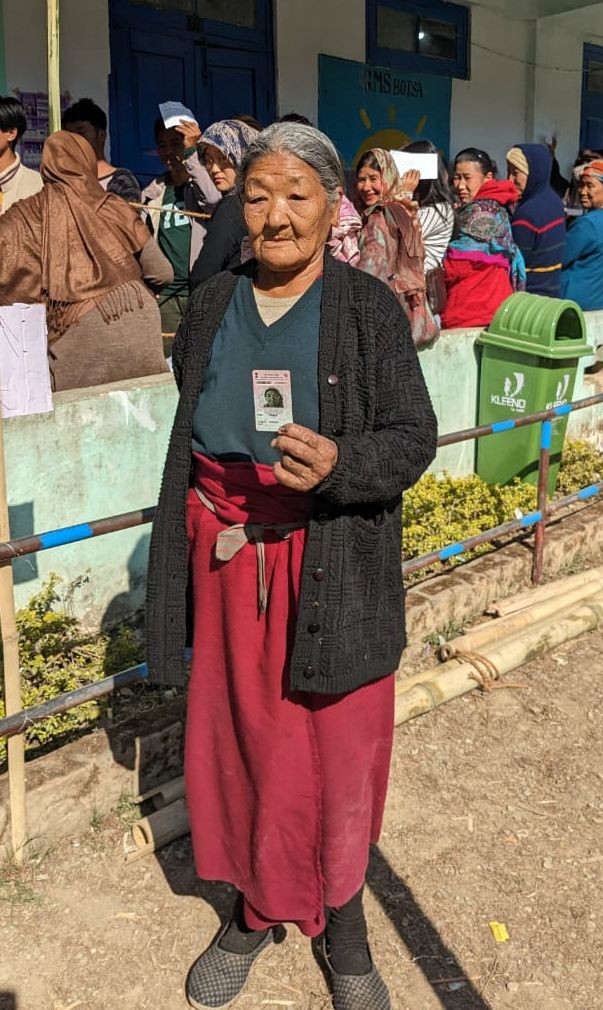 Botsa : An elderly woman voter after casting a vote at a polling booth during the Nagaland Assembly elections 2023, in Botsa district, on Monday, Feb. 27, 2023. (Photo:IANS/Twitter)